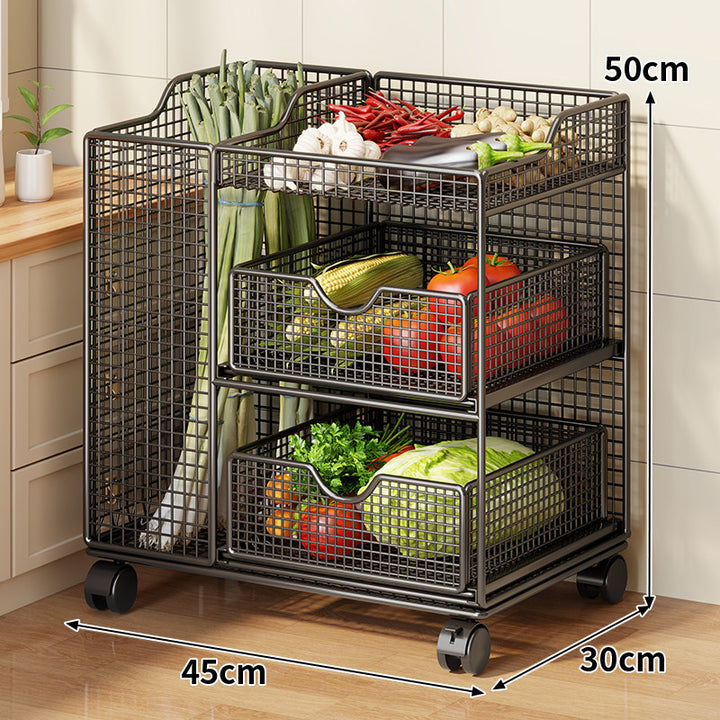 Rolling Metal Mesh Produce Storage Cart with Tall Vertical Compartment and Removable Shelves