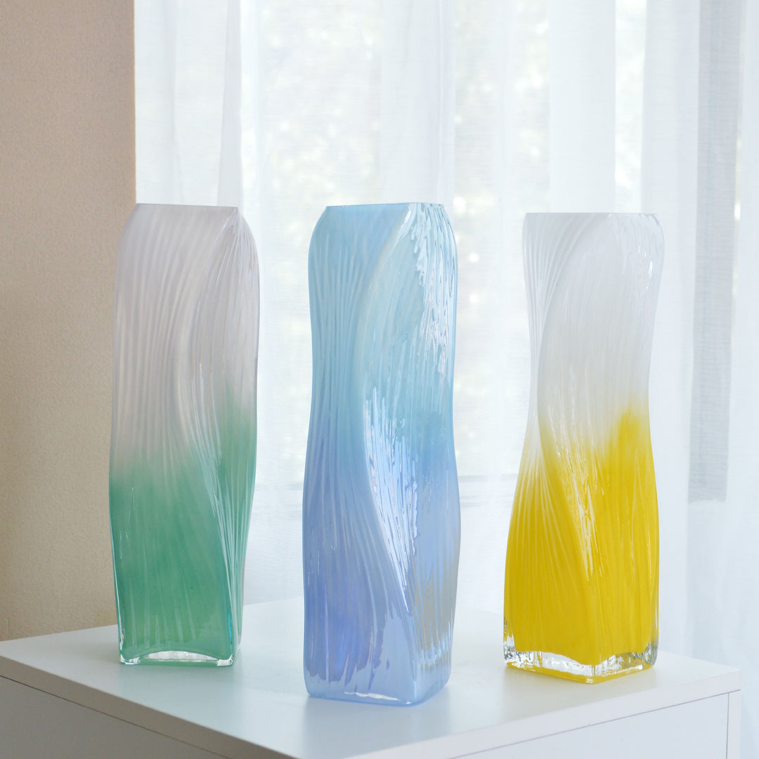 Hand-Blown Tall Ombre Ribbed Glass Floor Vase