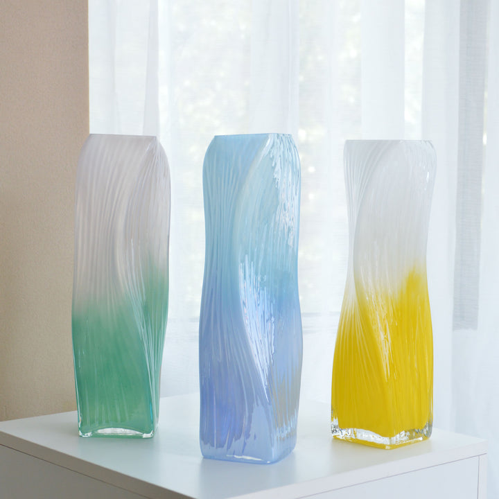 Hand-Blown Tall Ombre Ribbed Glass Floor Vase