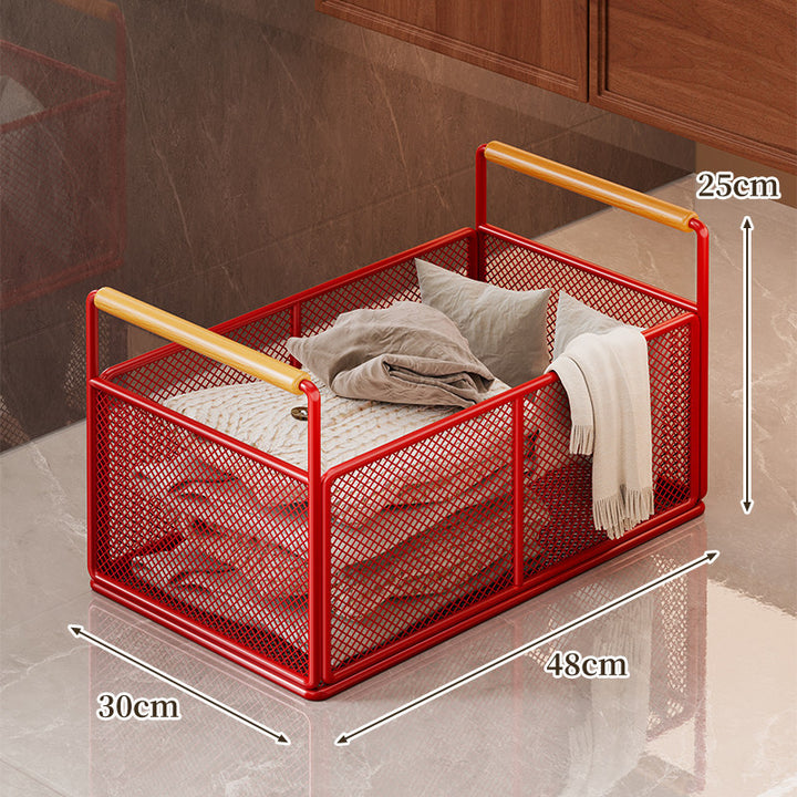 Compact Mesh Rolling Storage Cart with Wooden Handles