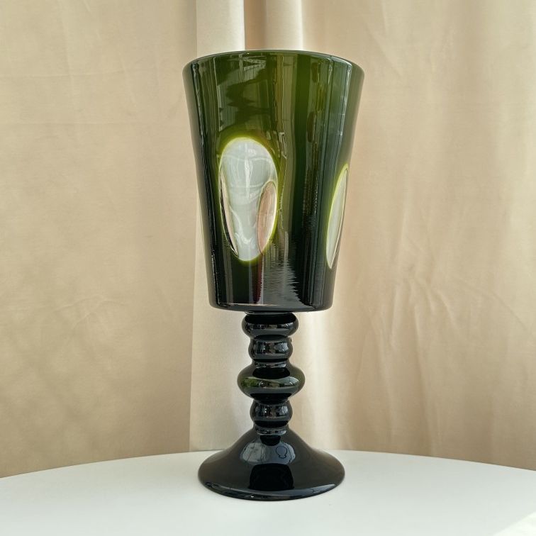 Hand-Blown Tall Pedestal Goblet-Form Glass Vase with Stacked Knob Stem