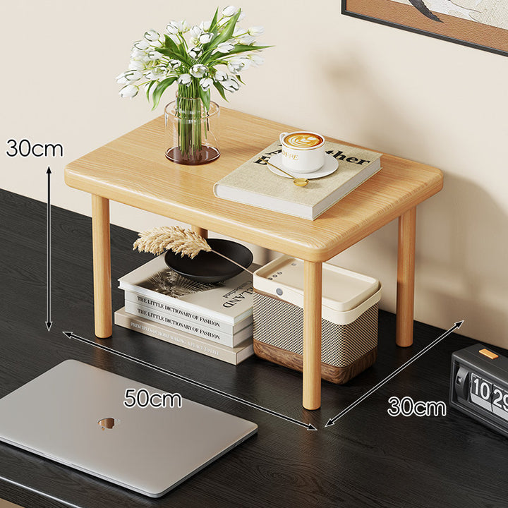 Compact Solid Wood Elevated Desk Display Stand with Under-Shelf Storage and Rounded Leg Design