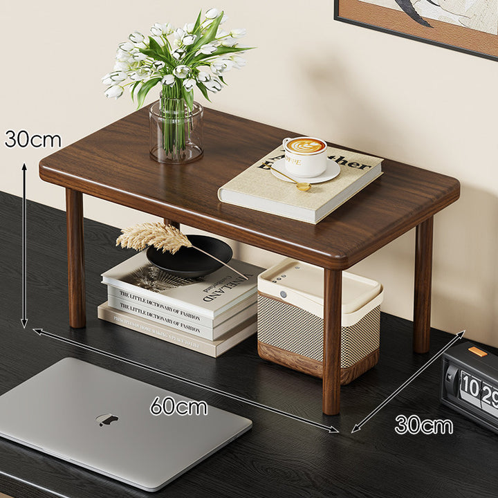 Compact Solid Wood Elevated Desk Display Stand with Under-Shelf Storage and Rounded Leg Design
