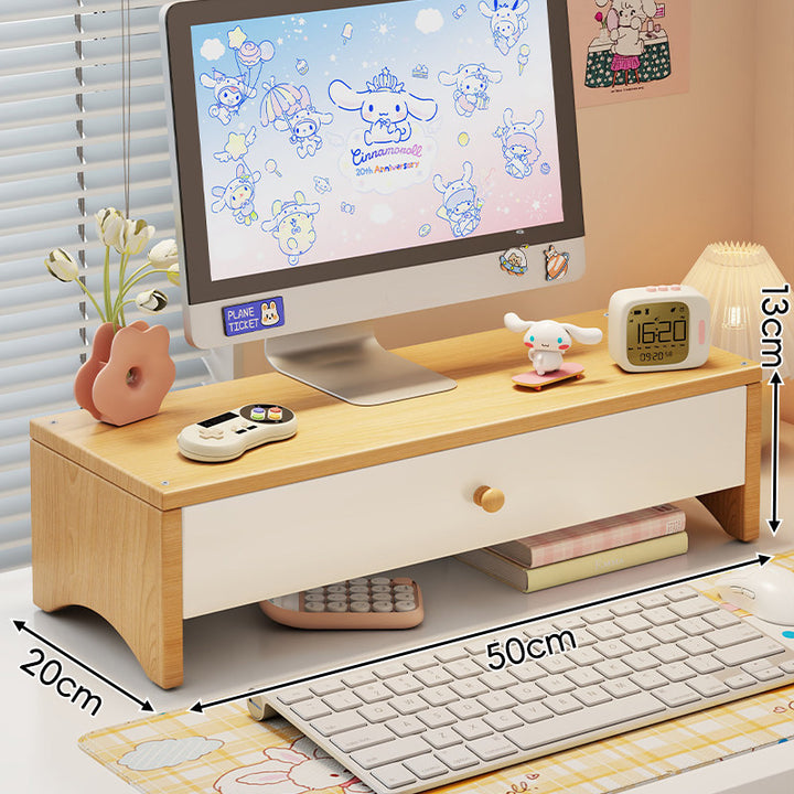 Wooden Monitor Riser with Twin Drawers and Under-Keyboard Storage