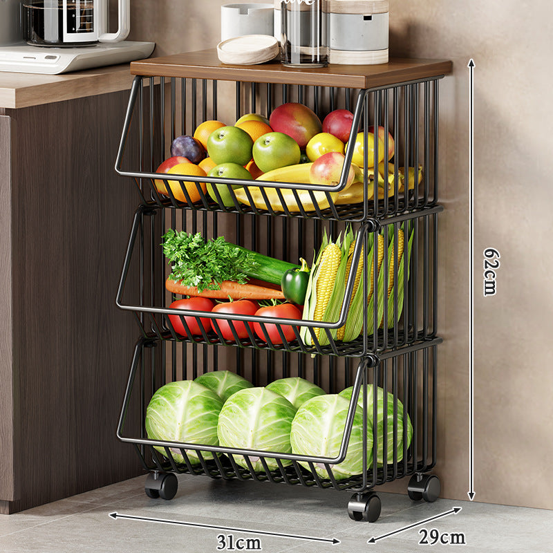 Multi-Tier Rolling Kitchen Pantry Cart with Wood Top and Deep Wire Storage Baskets