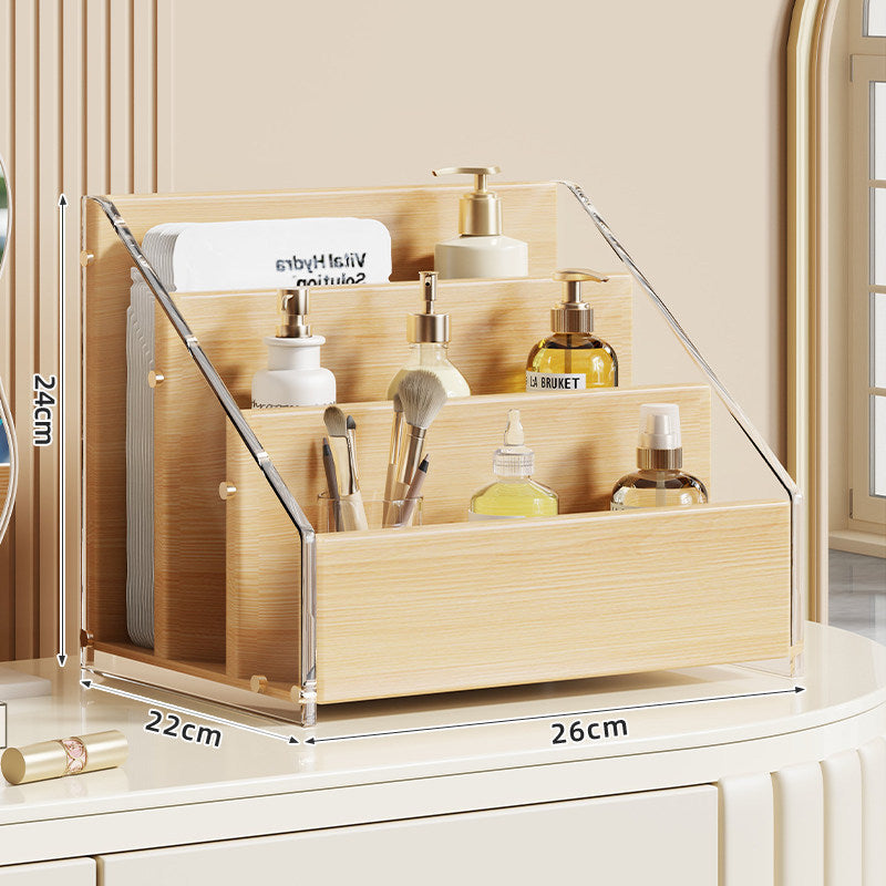 Tiered Walnut Cosmetic and Skincare Display Organizer with Angled Shelves and Removable Front Tray