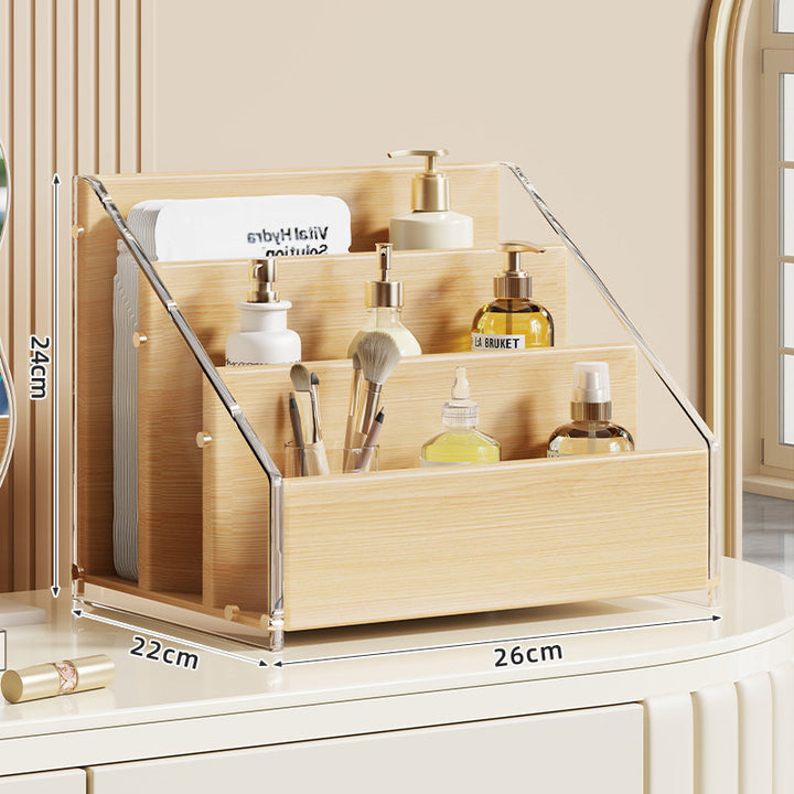 Tiered Walnut Cosmetic and Skincare Display Organizer with Angled Shelves and Removable Front Tray