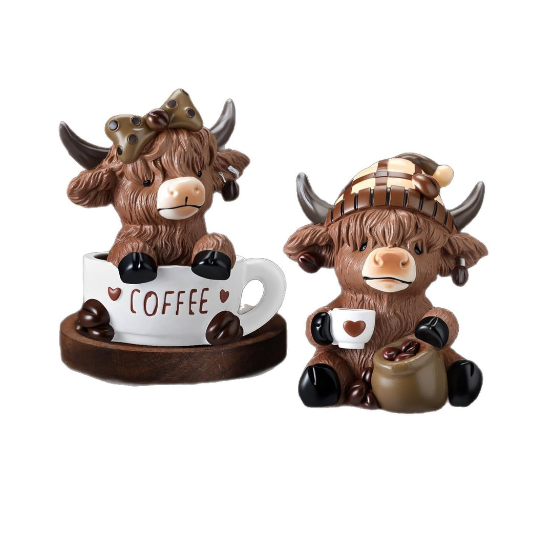 Decorative figure of a Highland cow with accessories