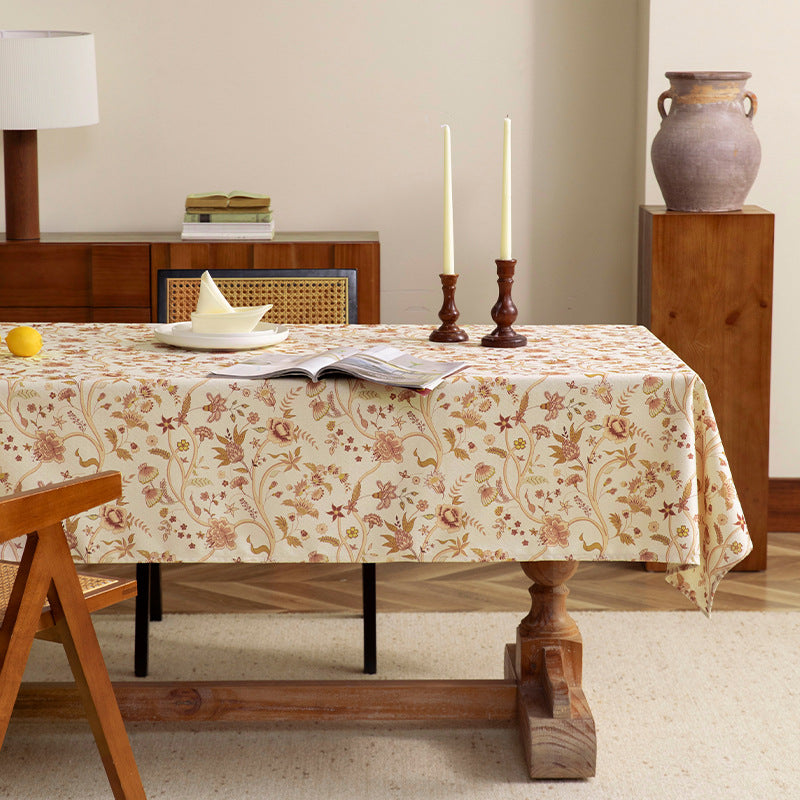 Light cotton blend tablecloth with vintage floral pattern and stain-resistant surface