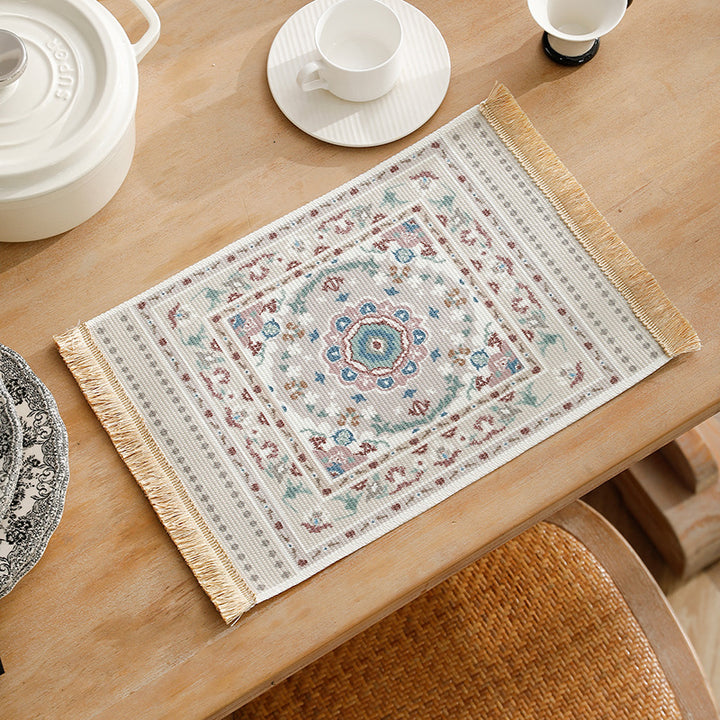 Short-pile decorative bathroom and runner carpet in oriental medallion style with fringes