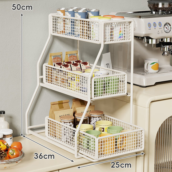 Three-Tier Angled Metal Mesh Countertop Pantry Organizer with Stackable Wire Baskets