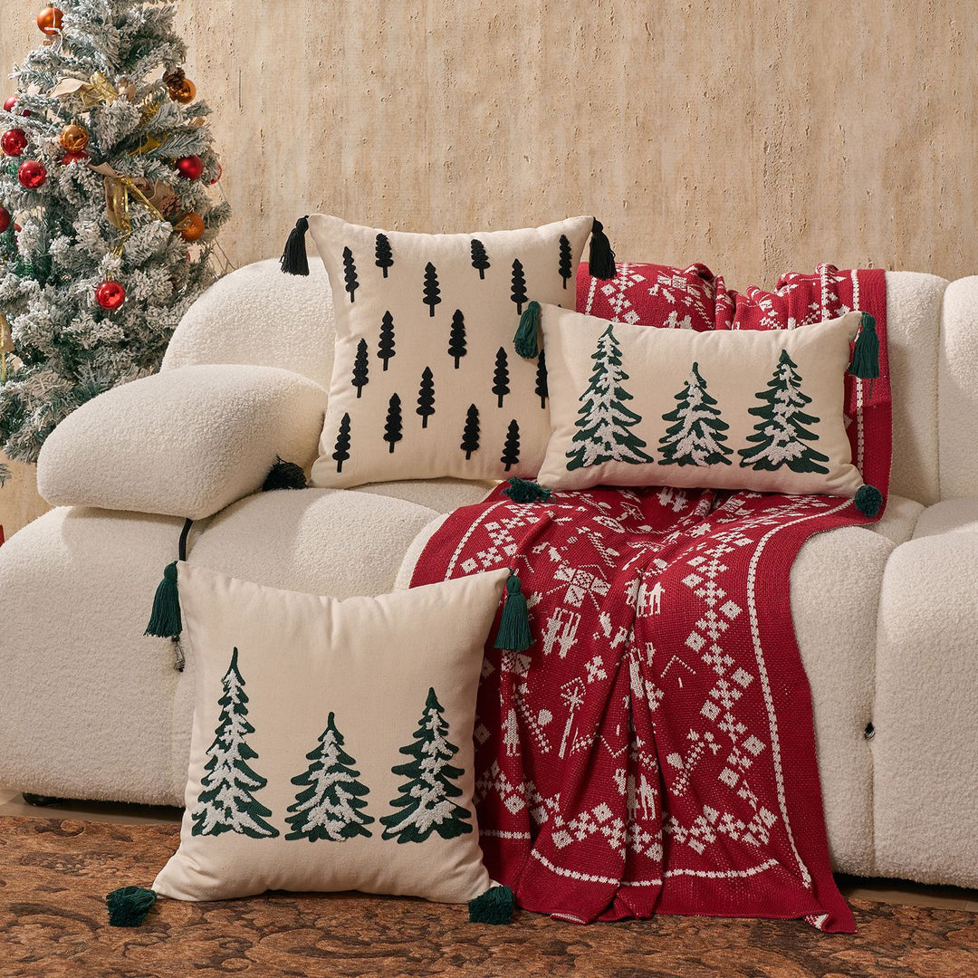 Embroidered Pine Tree Square Throw Pillow with Corner Tassels