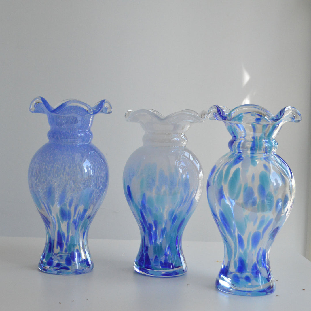 Hand-Blown Fluted-Rim Bulbous Pedestal Art Glass Vase