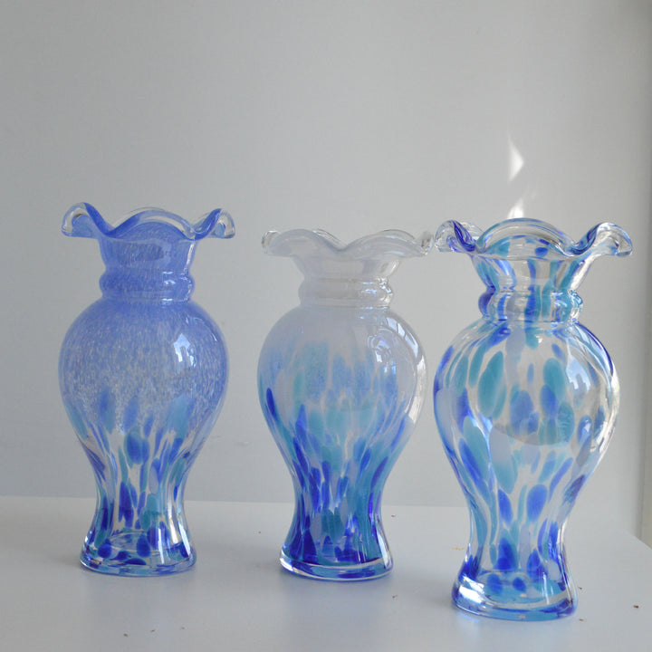 Hand-Blown Fluted-Rim Bulbous Pedestal Art Glass Vase