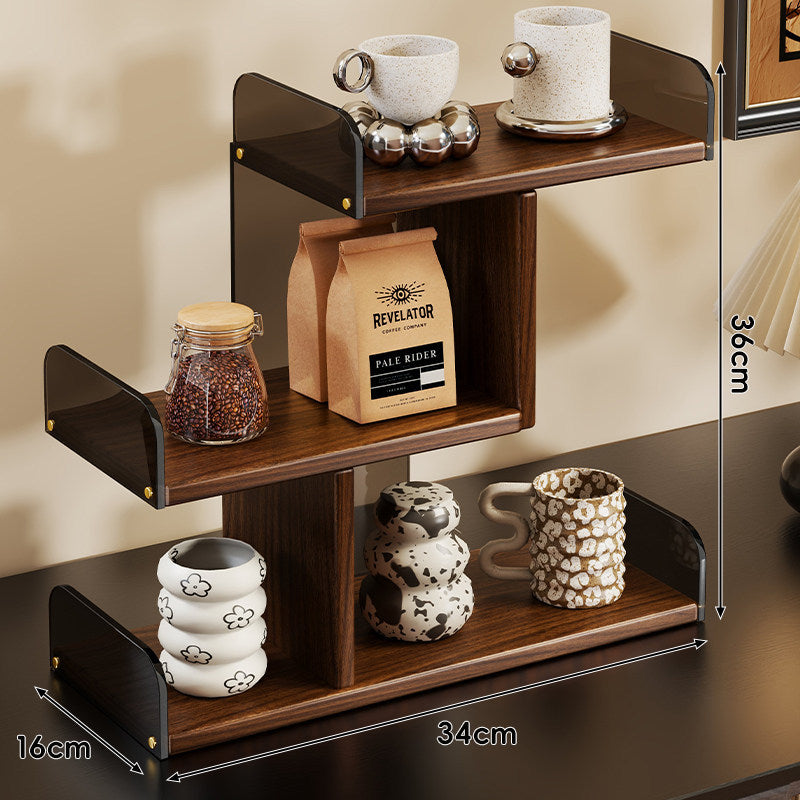 Tri-Tier Staggered Wooden Countertop Display Shelf with Smoked Acrylic Side Panels