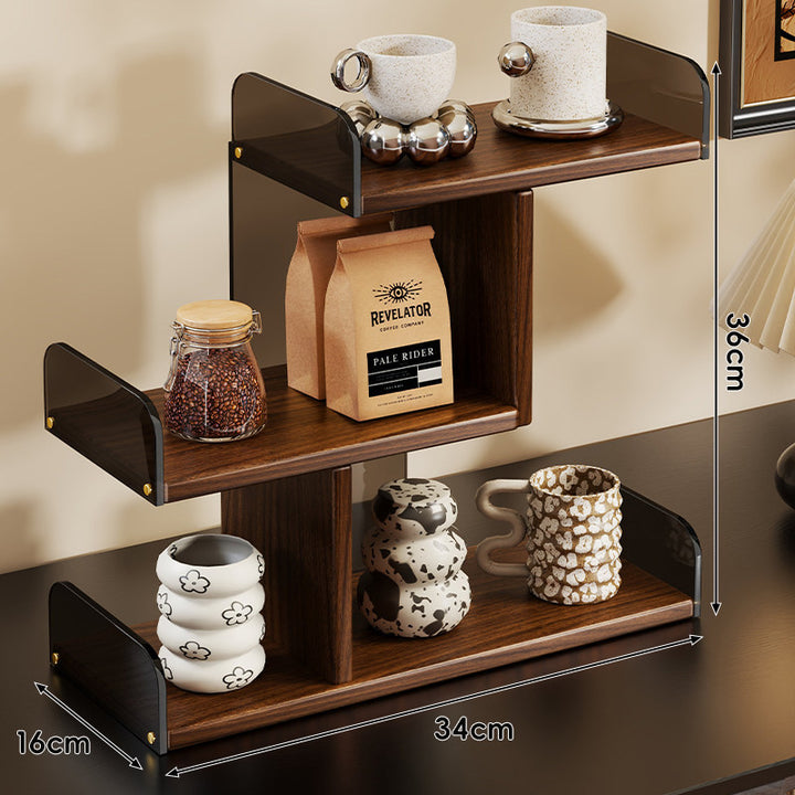 Tri-Tier Staggered Wooden Countertop Display Shelf with Smoked Acrylic Side Panels