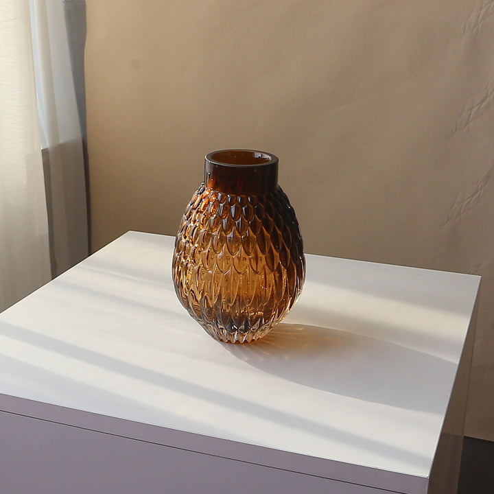 Hand-Blown Textured Glass Tabletop Vase with Scalloped Oval Motif