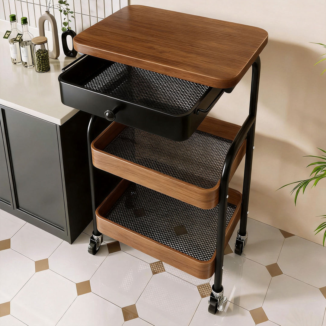 Mobile Wooden-Top Bedside Cart with Metal Frame and Lower Storage Tray