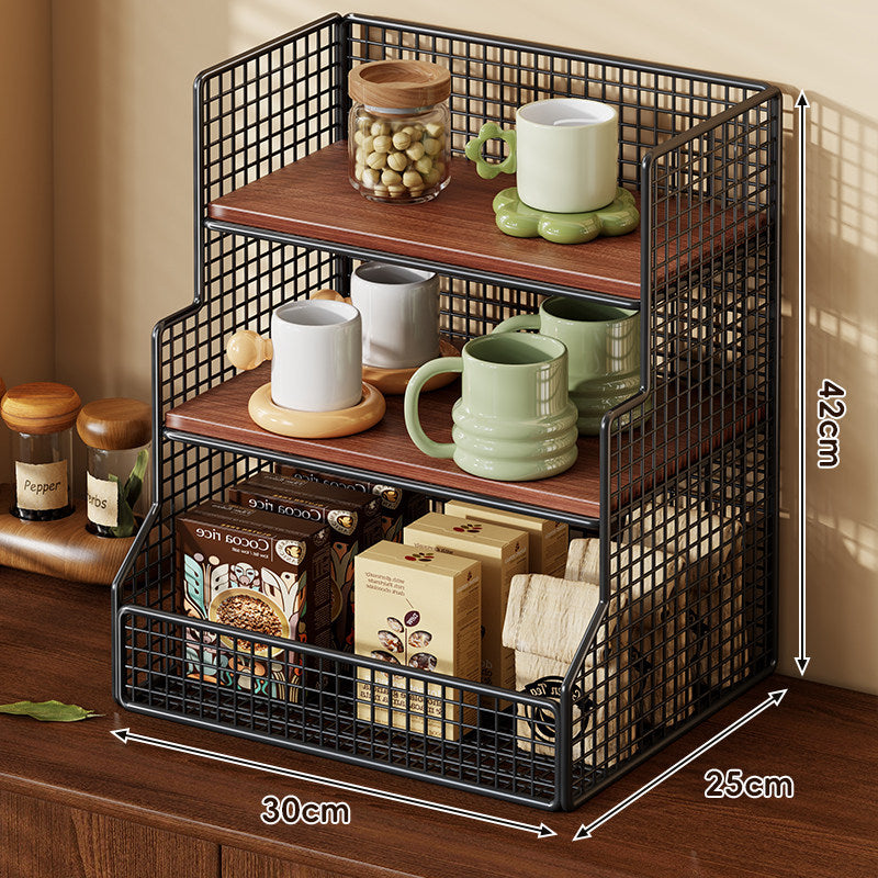 Three-Tier Countertop Wire Mesh Shelf Organizer with Bamboo Shelves