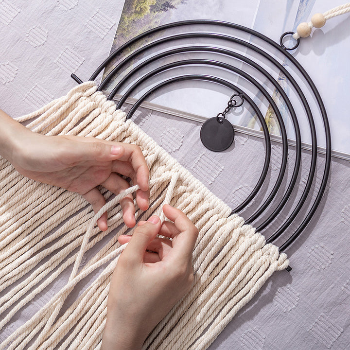 Boho macrame wall hanging with semicircle metal frame and long fringes