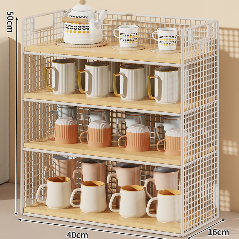 Three-Tier Wire Grid Countertop Display Shelf with Faux-Wood Removable Trays