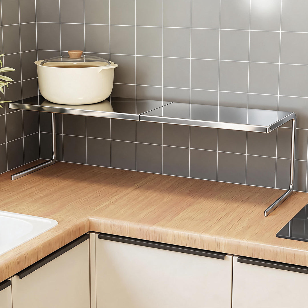 L-Shaped Kitchen Shelf Riser with Slatted Top and Rust-Resistant Metal Frame