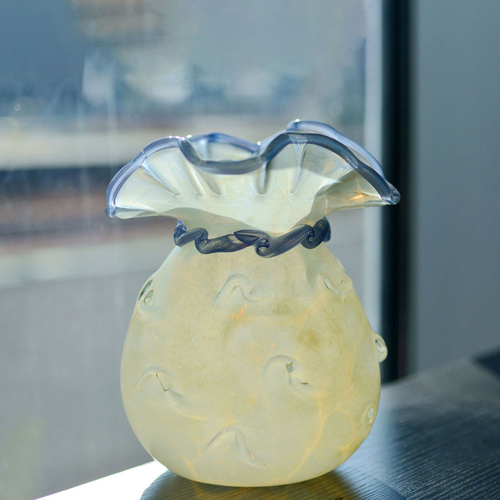 Ruffled-Rim Hand-Blown Decorative Glass Vase with Twisted Neck Accent