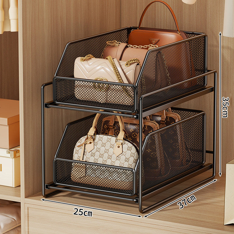 Two-Tier Pull-Out Wire Mesh Closet Organizer with Soft-Glide Slide and Stackable Drawers
