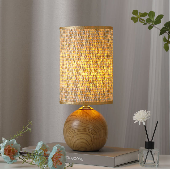 Beef Wood Base Woven Rattan Umbrella Table Lamp