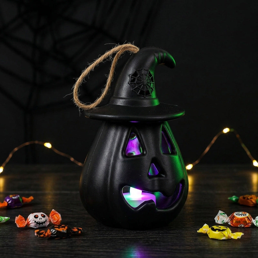 Halloween hanging LED pumpkin lantern ceramic ornament lantern with witch hat and jute rope