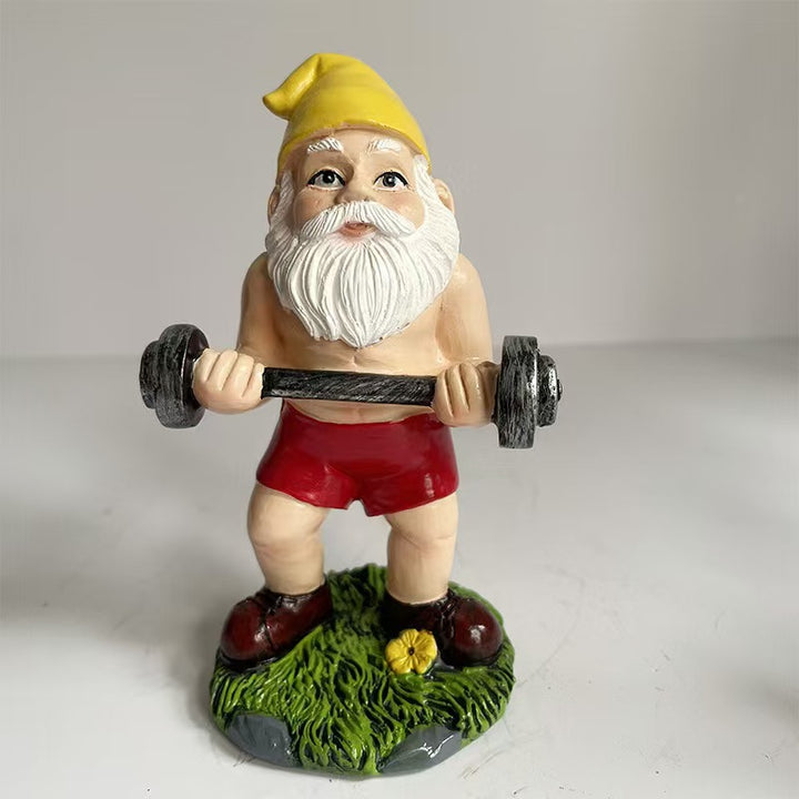 Playful Weightlifting Gnome Figurine