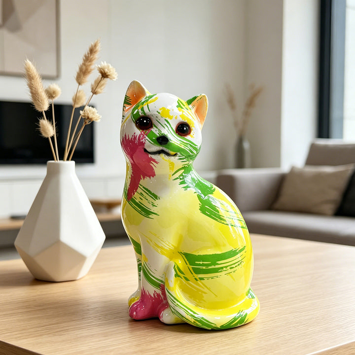 Artistic cat figurine in vibrant design
