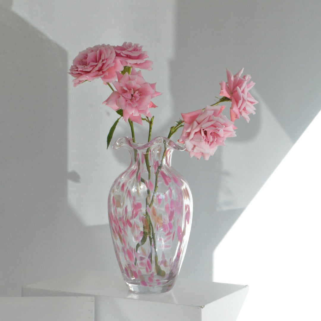 Handblown Ruffled-Lip Art Glass Bud Vase with Confetti Veil