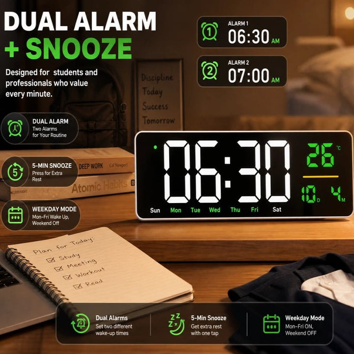 Digital wall clock with temperature and calendar display