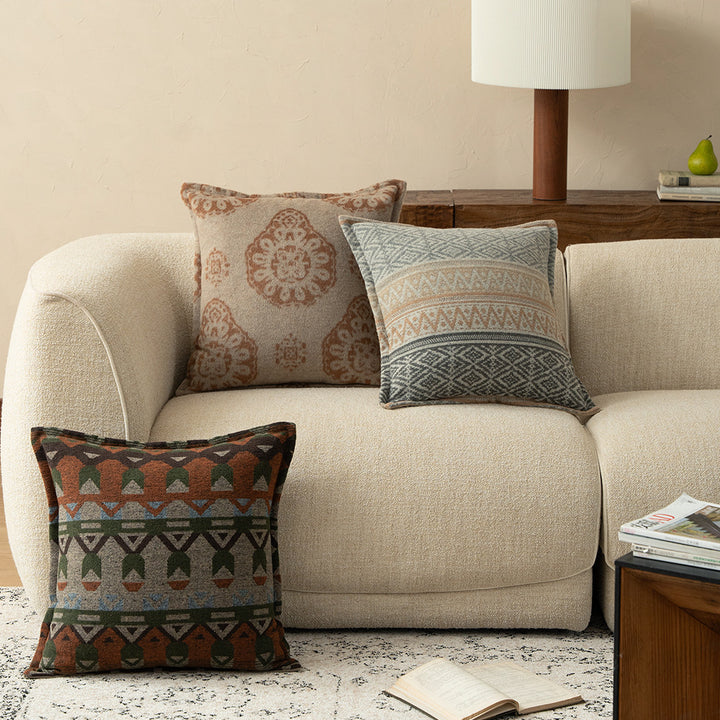 Woven decorative cushion cover in ethnic jacquard style with textured cotton blend