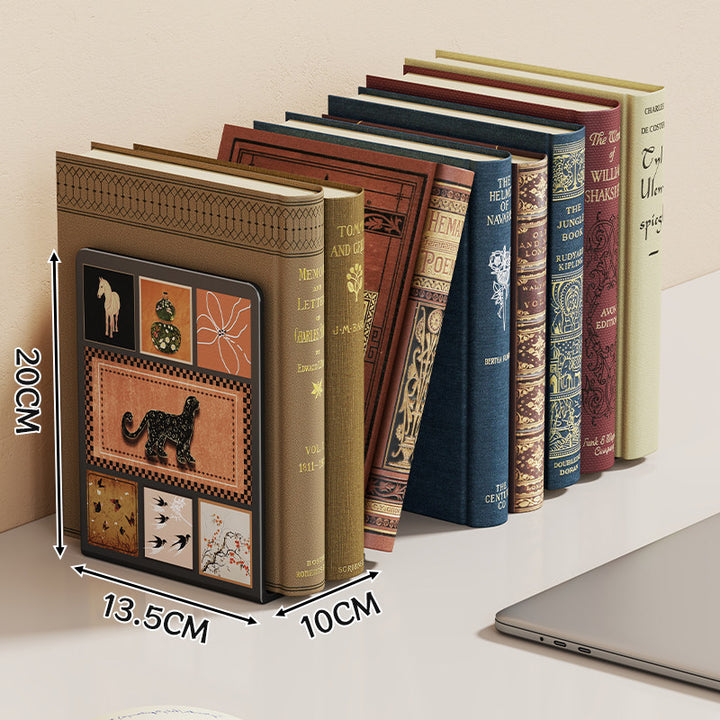 L-Shaped Decorative Metal Bookend with Cartoon Panel and Non-Slip Weighted Base
