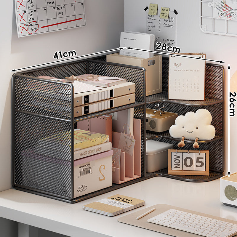 Corner Mesh Metal Desktop Organizer with Multi-Tier Shelves and File Slots
