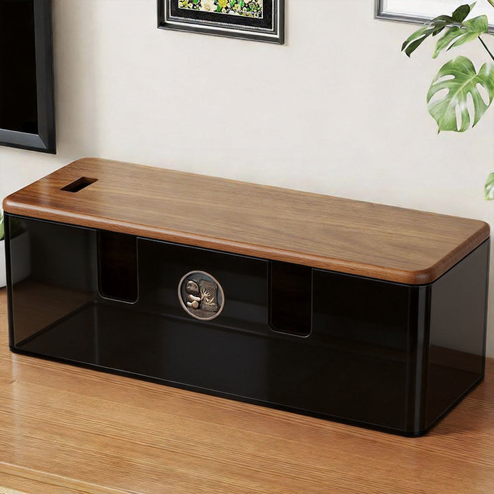 Wooden Cable Organizer Box with Router Top Shelf and Multi-Compartment Charging Station