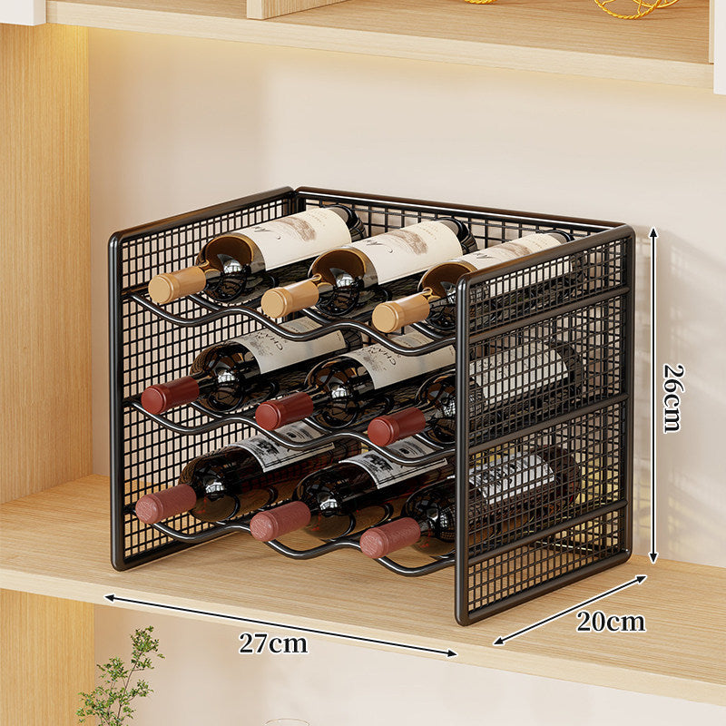 Countertop Metal Wine Bottle Rack Mesh Organizer with Stackable Grid Sides and Curved Bottle Cradles