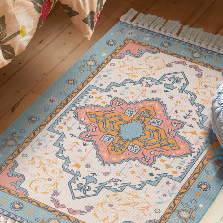 Woven oriental carpet runner with fringes and intricate medallion pattern