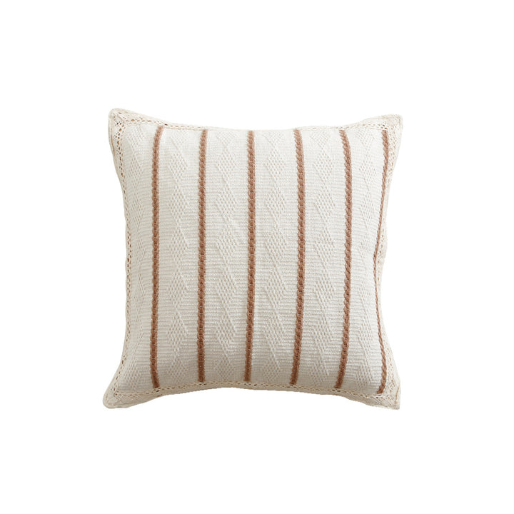 Decorative cushion cover made of cotton-linen with crocheted edge and textured stripes
