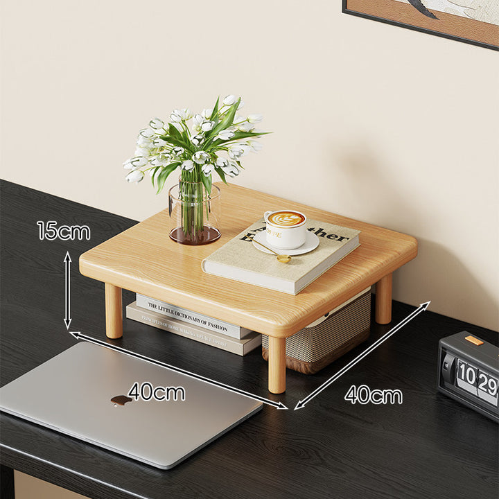 Compact Solid Wood Elevated Desk Display Stand with Under-Shelf Storage and Rounded Leg Design