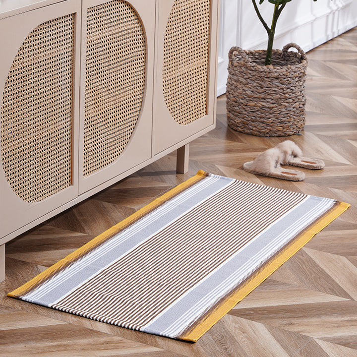 Flat-woven runner rug with check pattern and decorative border stripe
