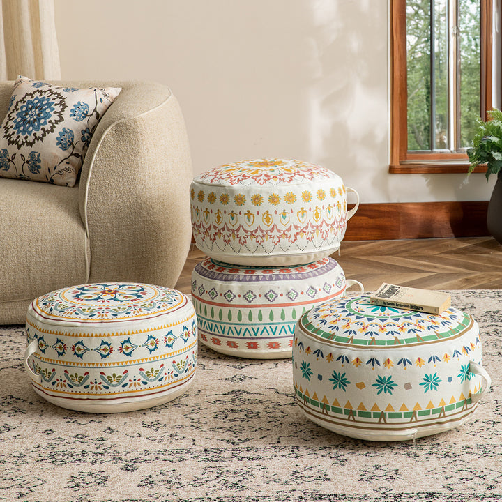 Seat pouf floor cushion with mandala design and carrying handle