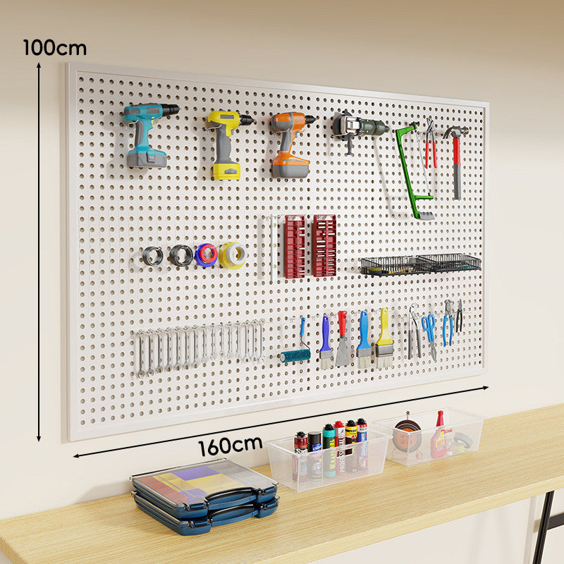 Wall-Mounted Perforated Metal Tool Pegboard Organizer Panel with Modular Hooks and Wire Baskets