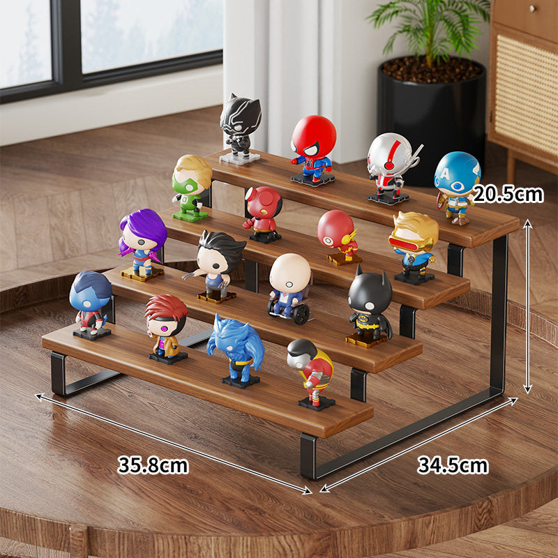 Four-Tier Wooden Collectible Figurine Display Riser with Metal Frame