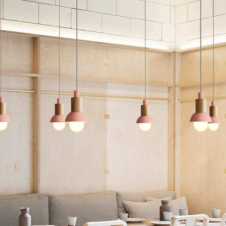 Minimalist wood and metal pendant lamp with small shade dome