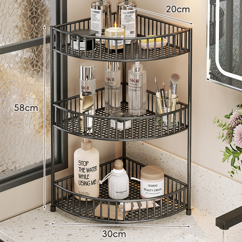 Two-Tier Corner Mesh Metal Bathroom Countertop Organizer Shelf with Raised Guard Rails