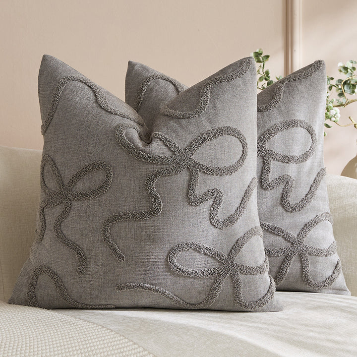 Square Textured Loop-Appliqué Linen-Blend Accent Pillow Cover