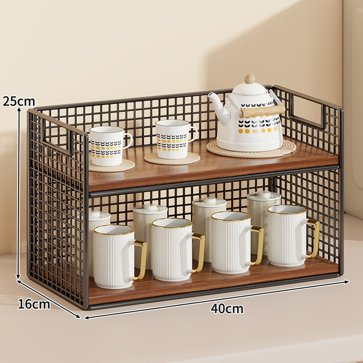 Three-Tier Wire Grid Countertop Display Shelf with Faux-Wood Removable Trays